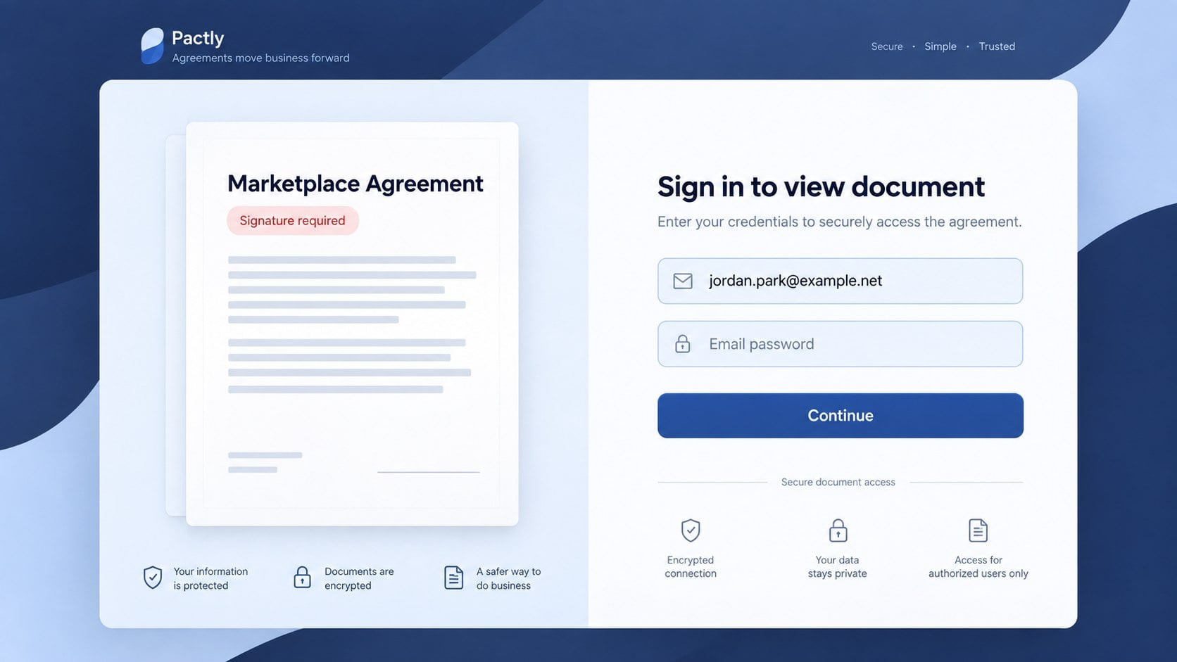 Fake marketplace agreement page requesting an email password before viewing