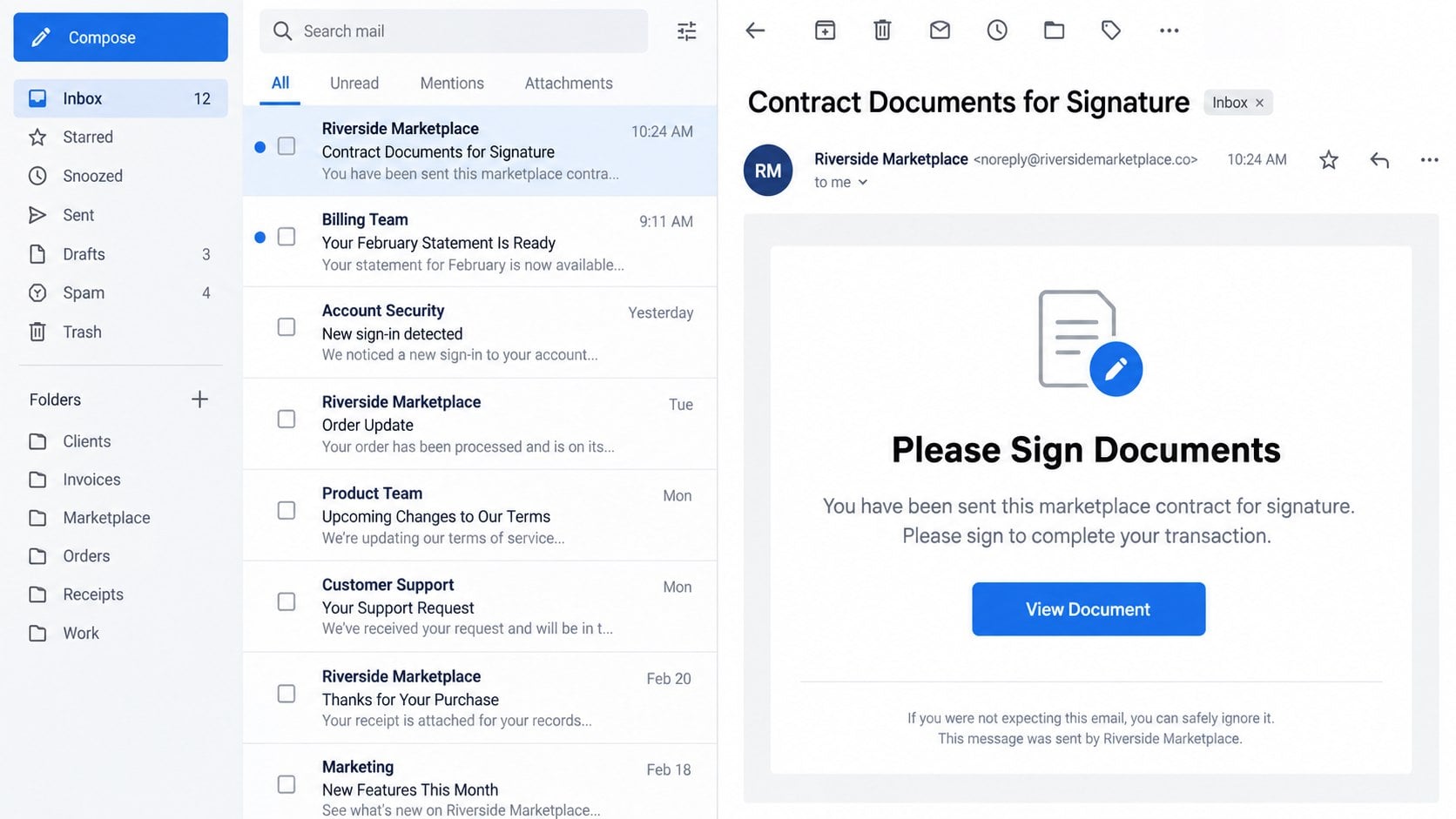 Marketplace contract signature phishing email with a View Document button