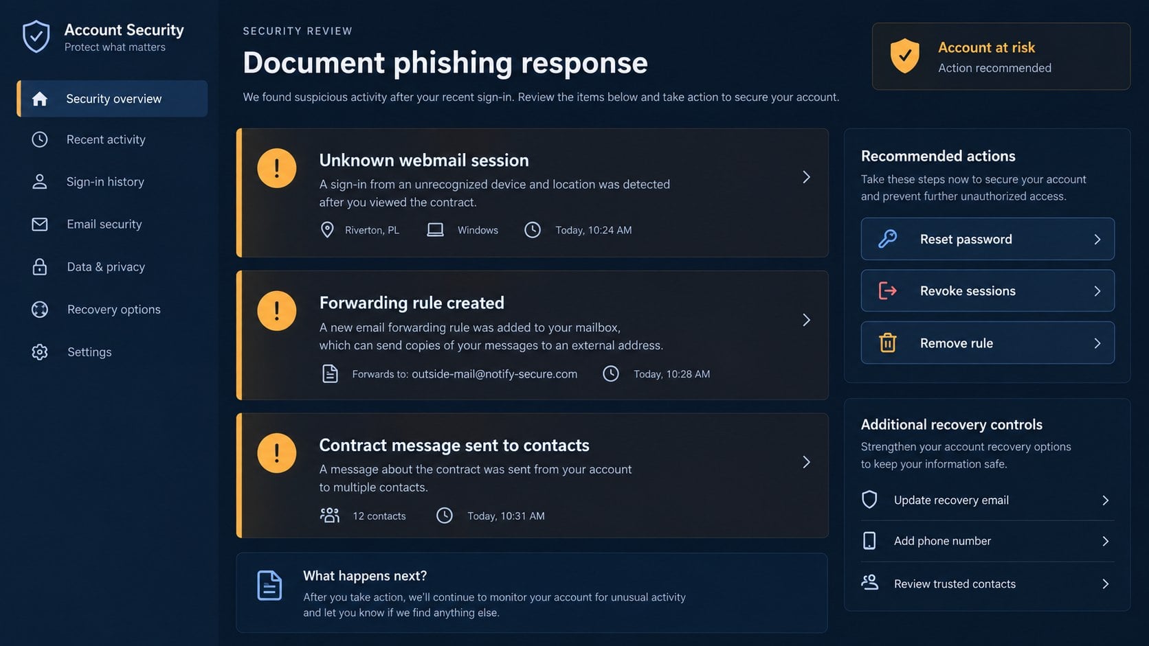 Document phishing response dashboard showing suspicious mailbox changes