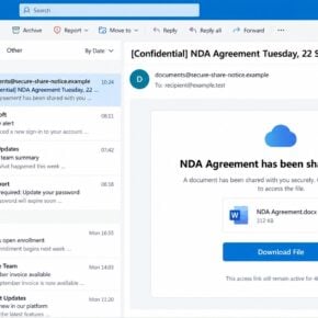 NDA agreement shared file phishing email in a webmail inbox