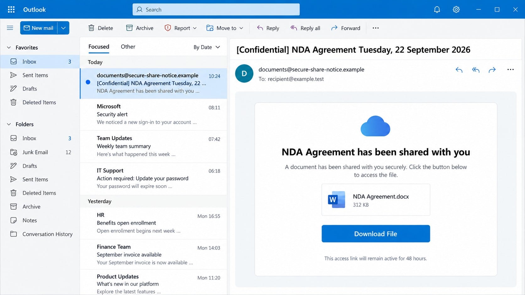 NDA agreement shared file phishing email in a webmail inbox