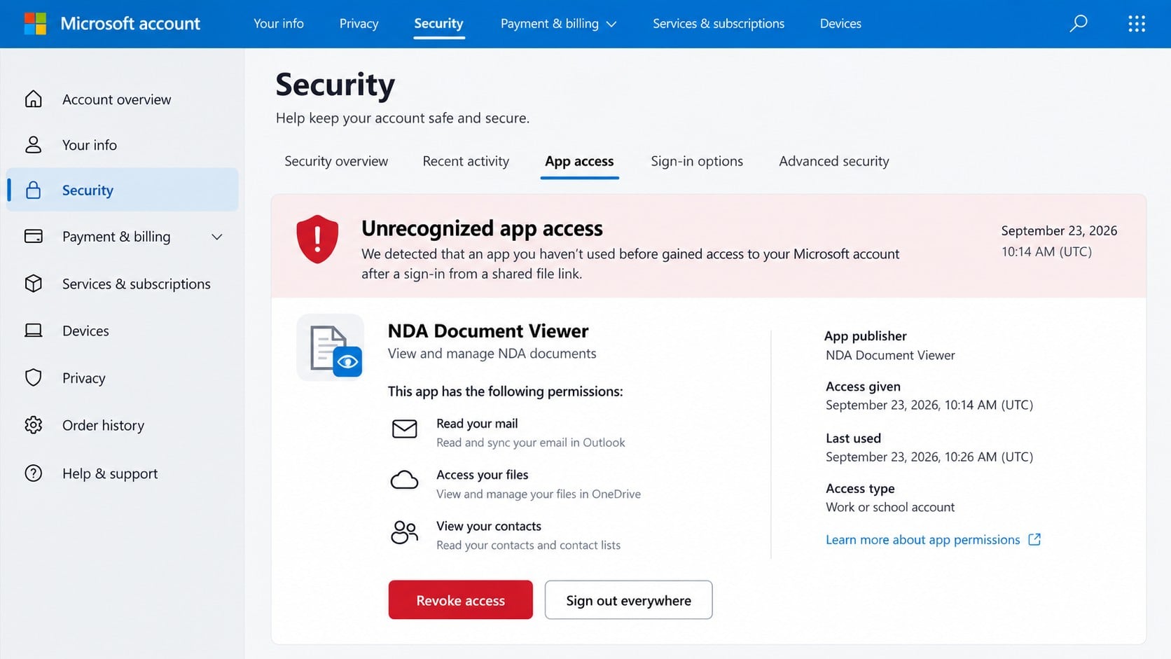Email account security page showing unrecognized application access