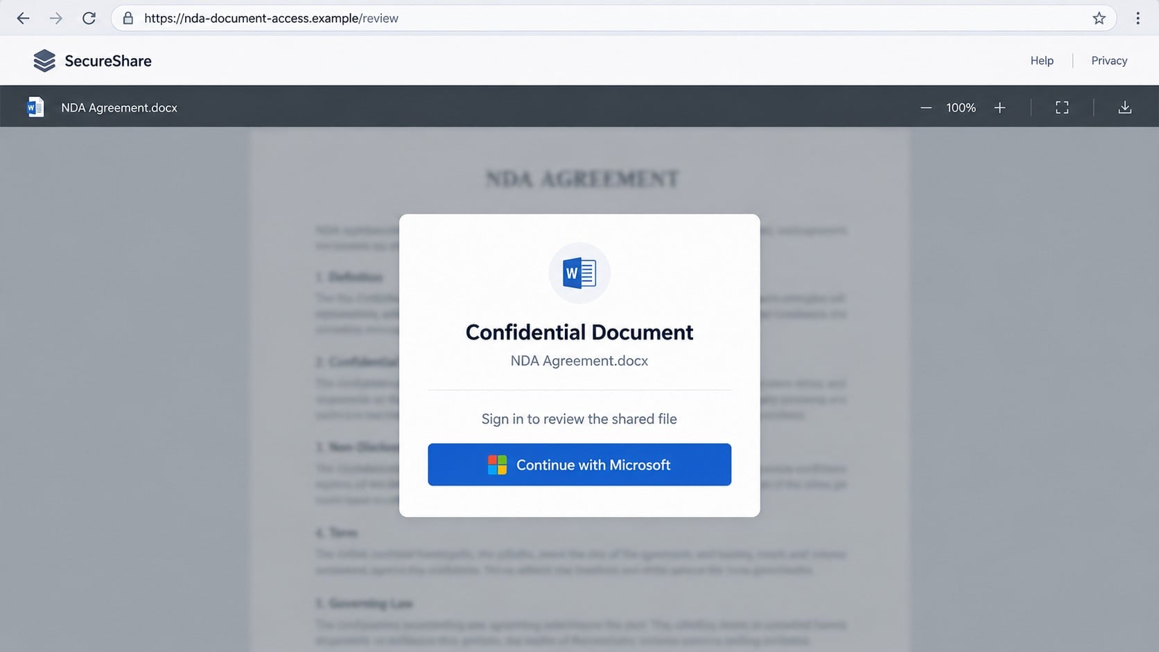 Fake secured NDA document viewer requesting a Microsoft login