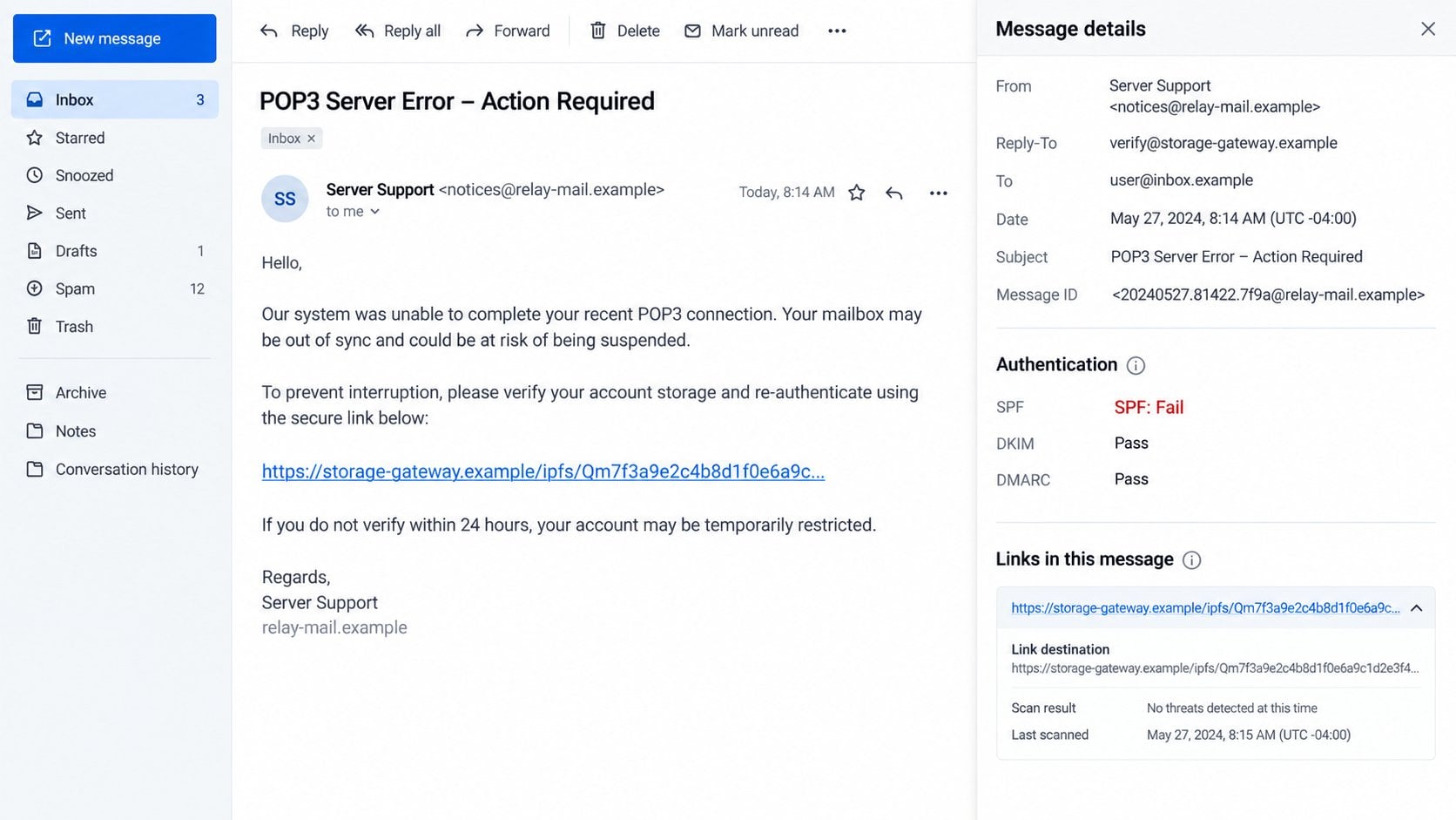 Illustrative message details revealing a mismatched POP3 alert sender