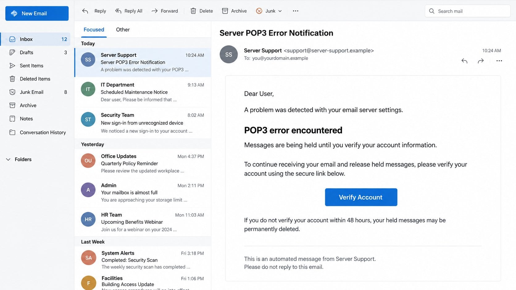 Illustrative Server POP3 Error Notification phishing email