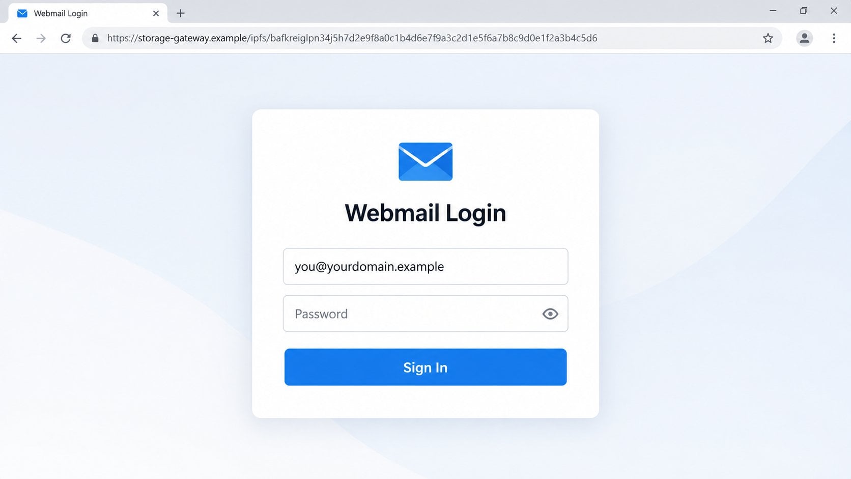 Illustrative fake webmail login reached through a POP3 warning