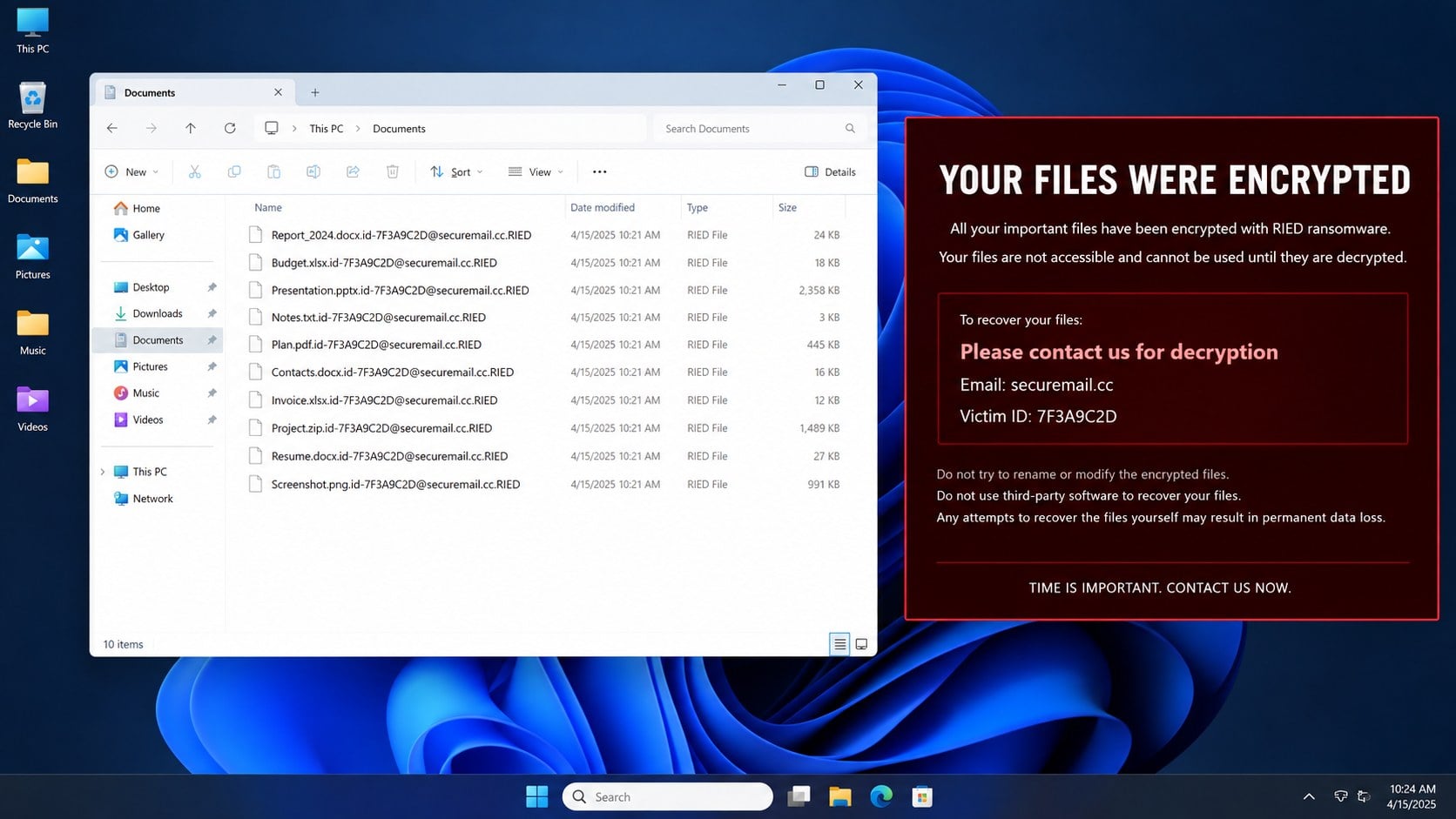 Windows computer displaying files encrypted by RIED ransomware