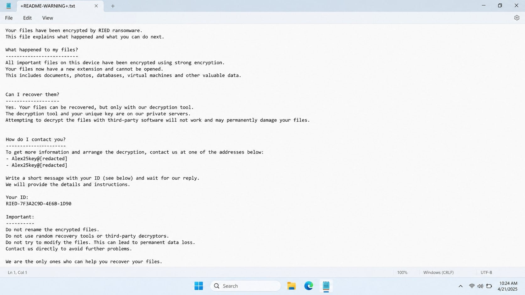Recreated RIED ransom note in a Windows text editor
