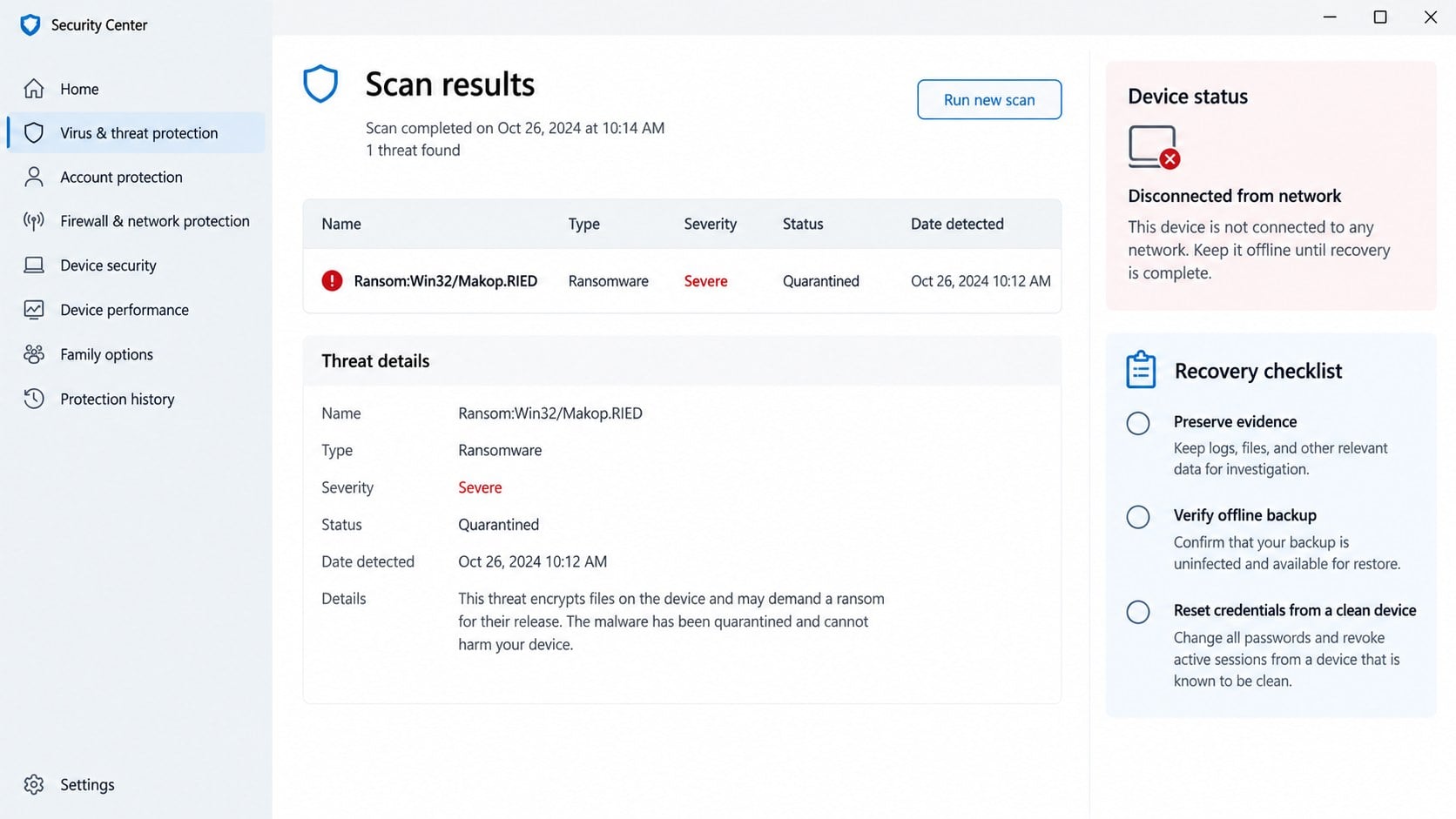 Security scan and recovery checklist after a RIED ransomware infection