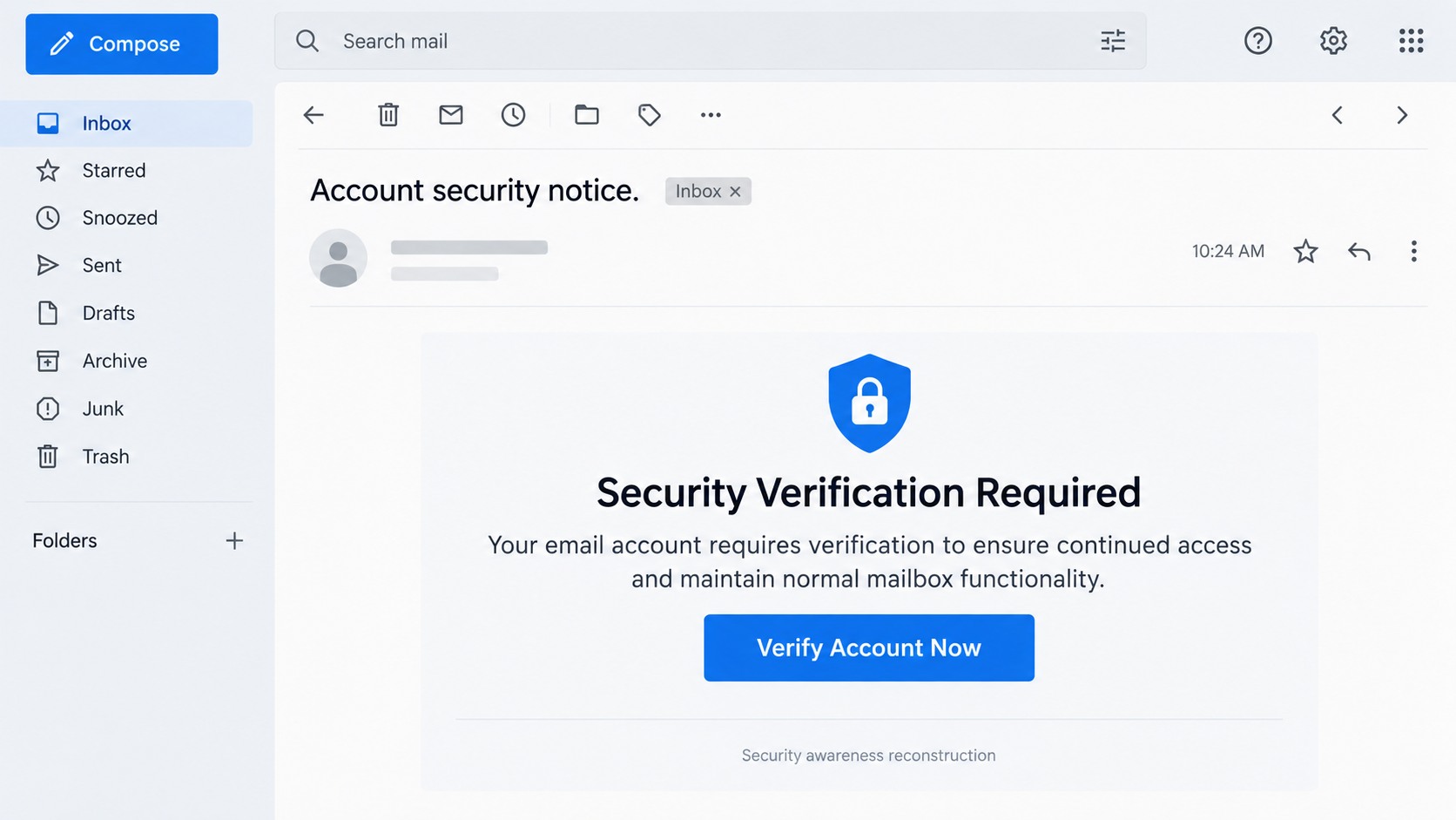 Security Verification Required phishing email displayed in a desktop inbox