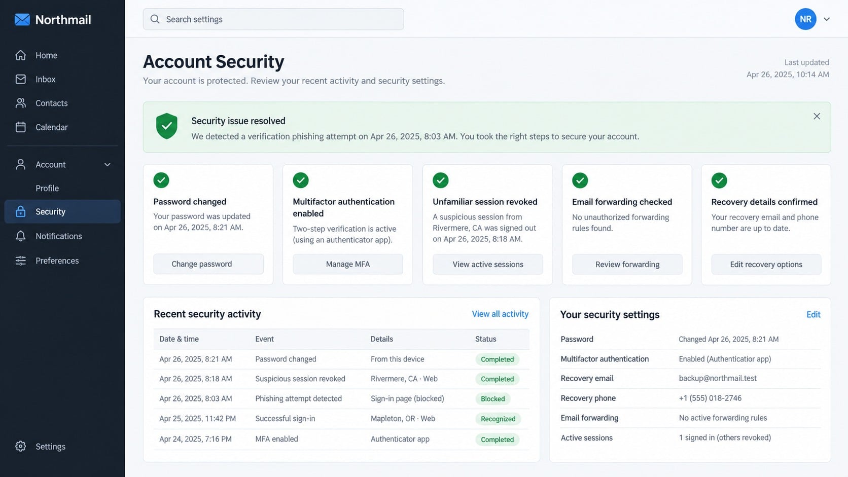 Account security dashboard showing recovery after verification phishing