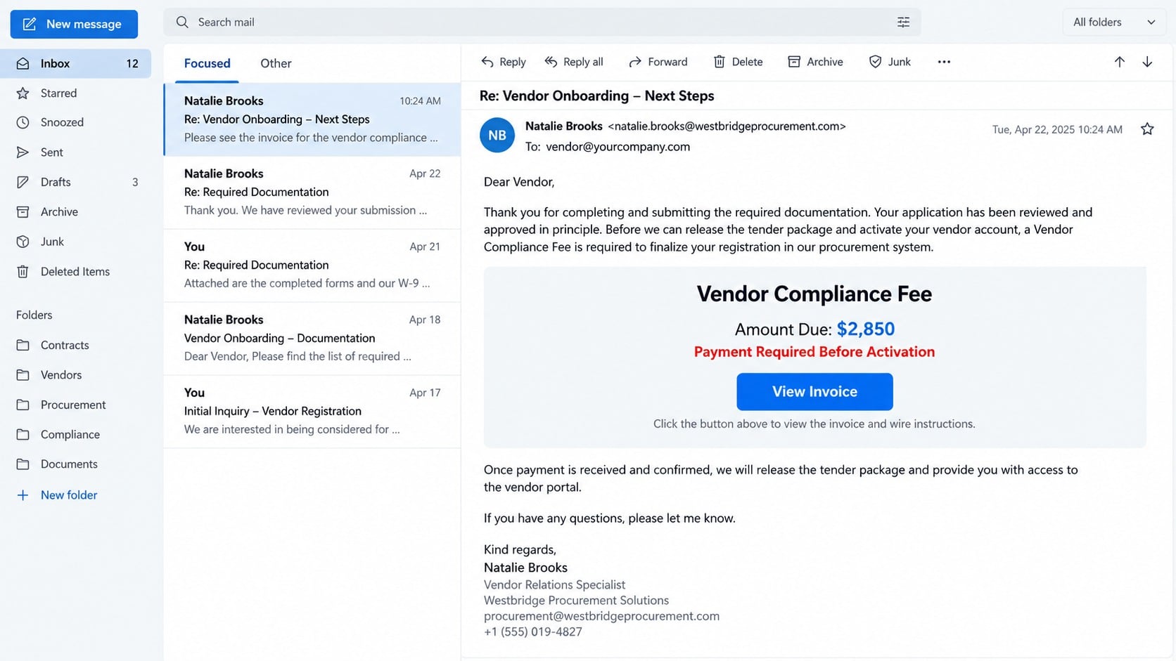 Vendor onboarding scam email requesting a fabricated compliance payment