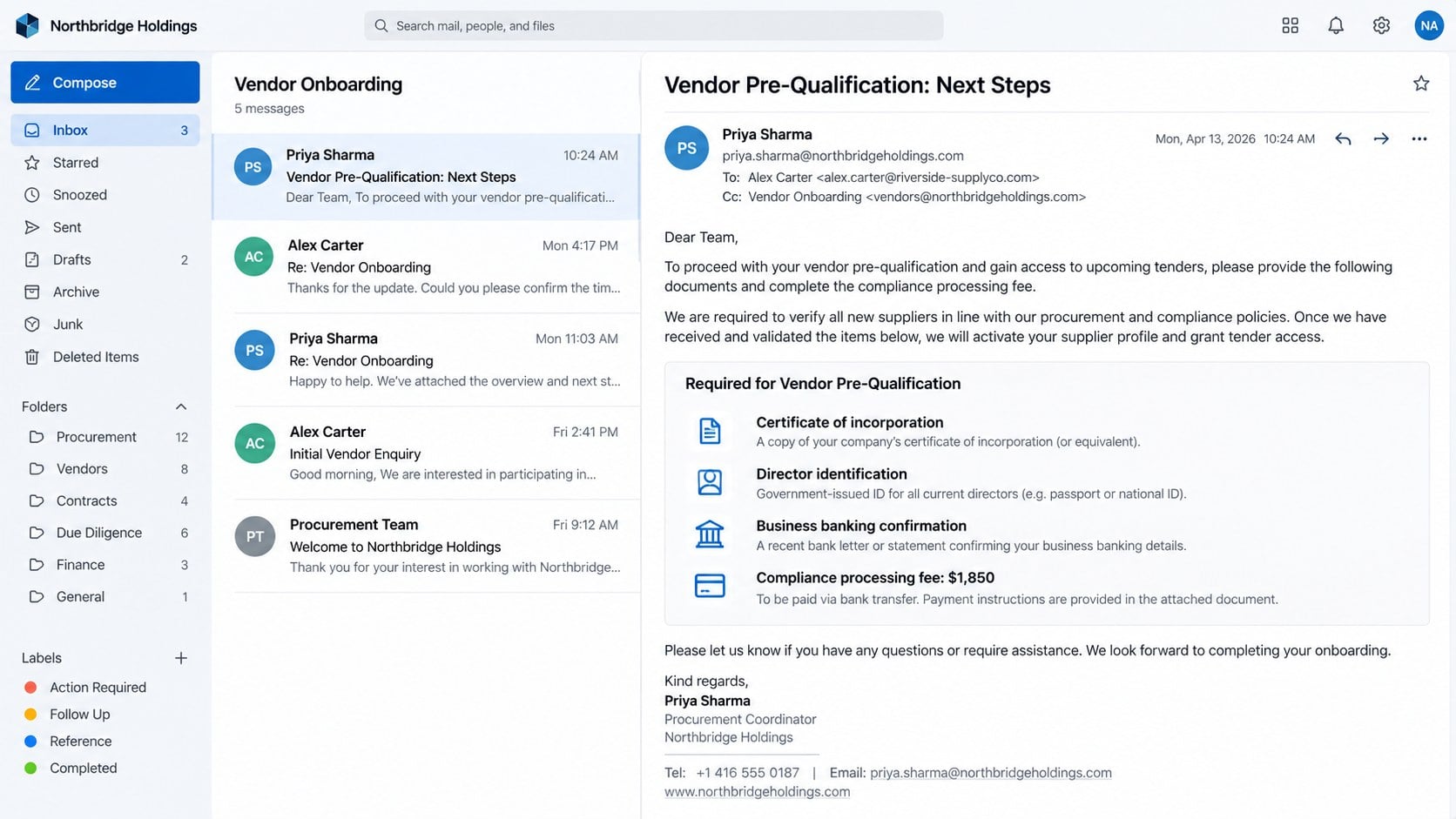 Fake vendor pre-qualification email requesting documents and a compliance fee