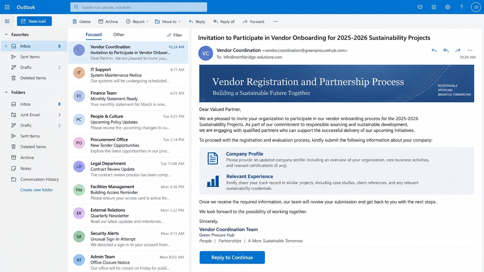 Vendor registration partnership phishing email shown in a webmail inbox