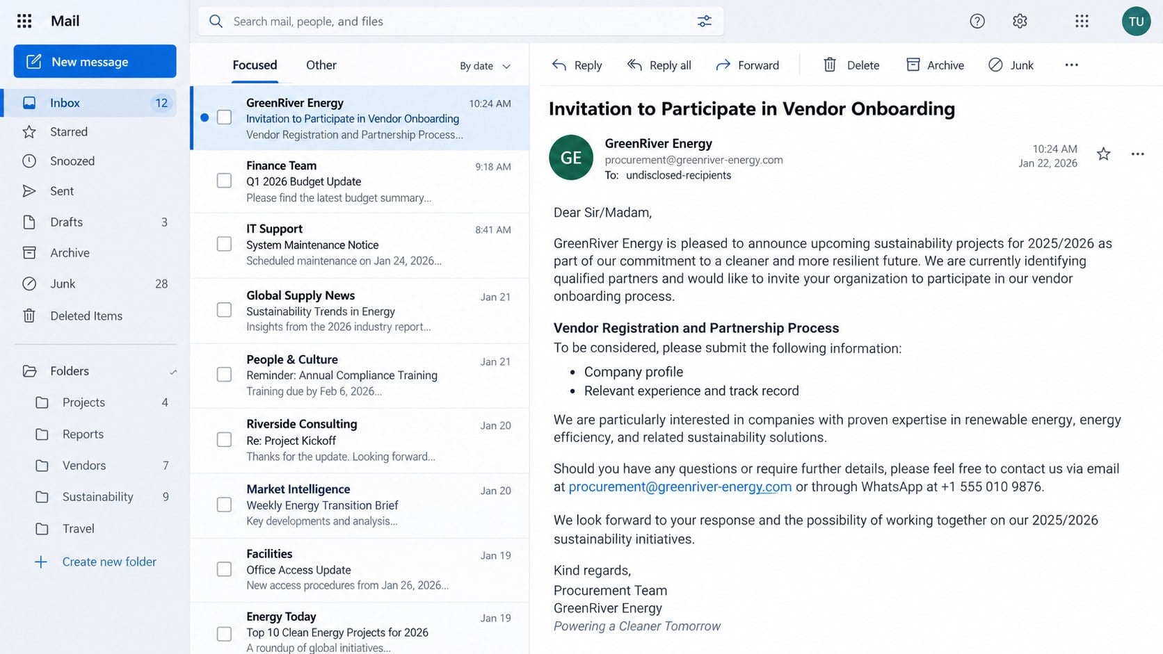 Vendor onboarding email requesting a company profile and experience records