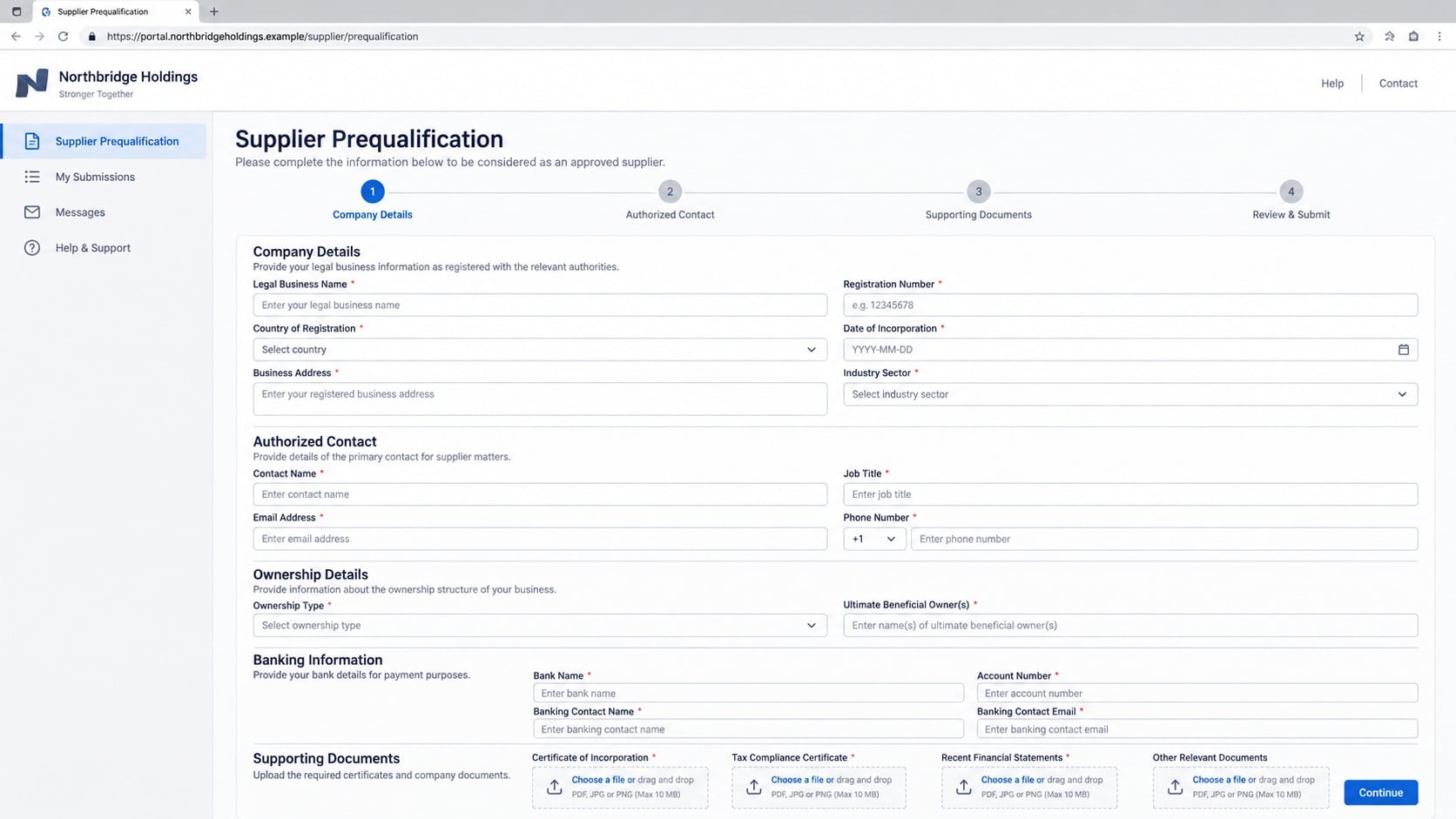 Fake supplier prequalification portal requesting detailed business information