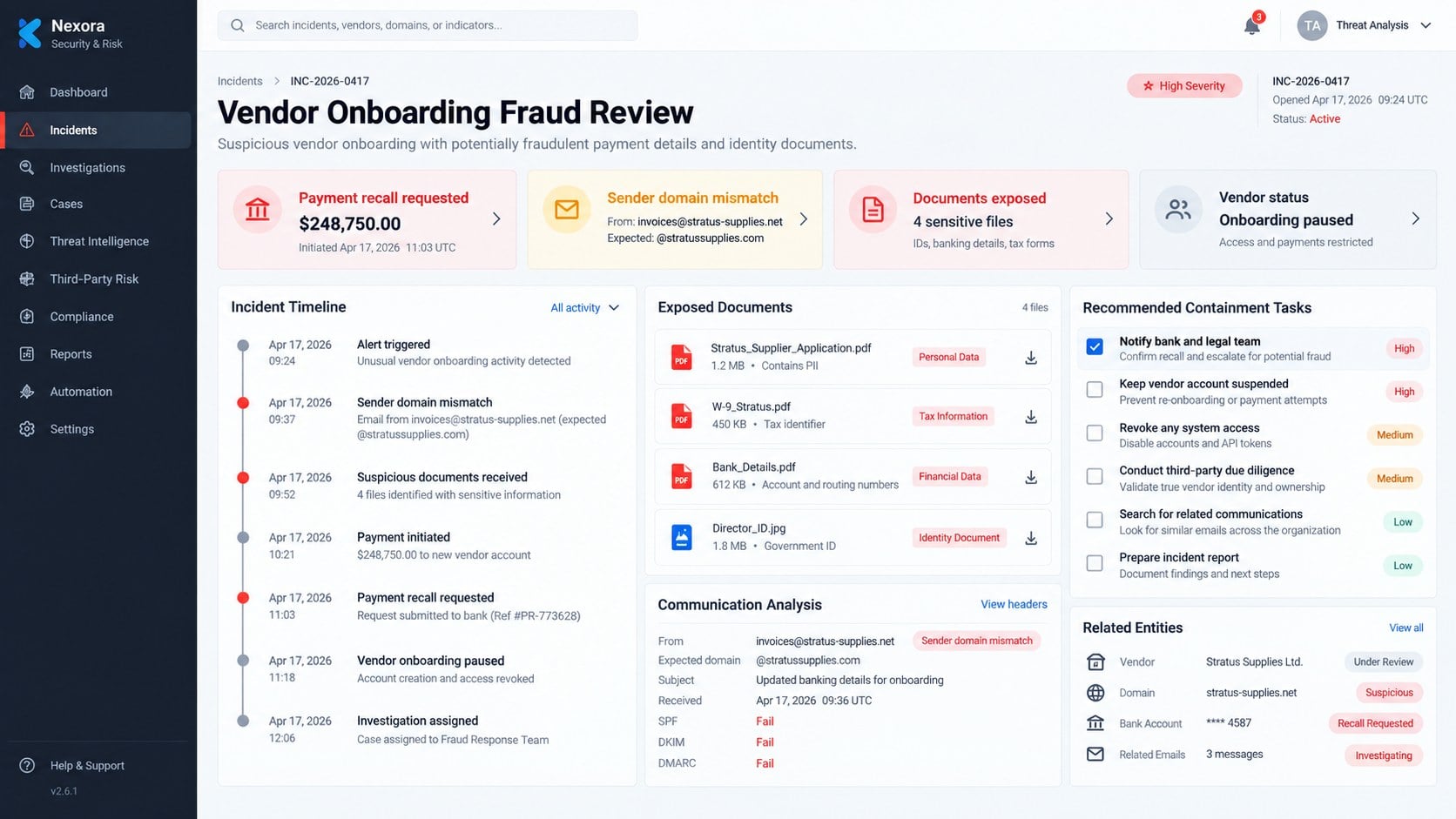 Vendor onboarding fraud response dashboard showing exposed documents and payment recall