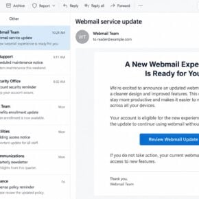 Illustrative webmail service update email with a review button