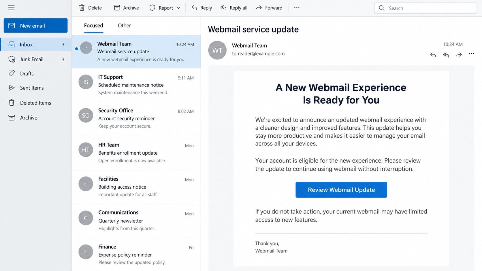 Illustrative webmail service update email with a review button