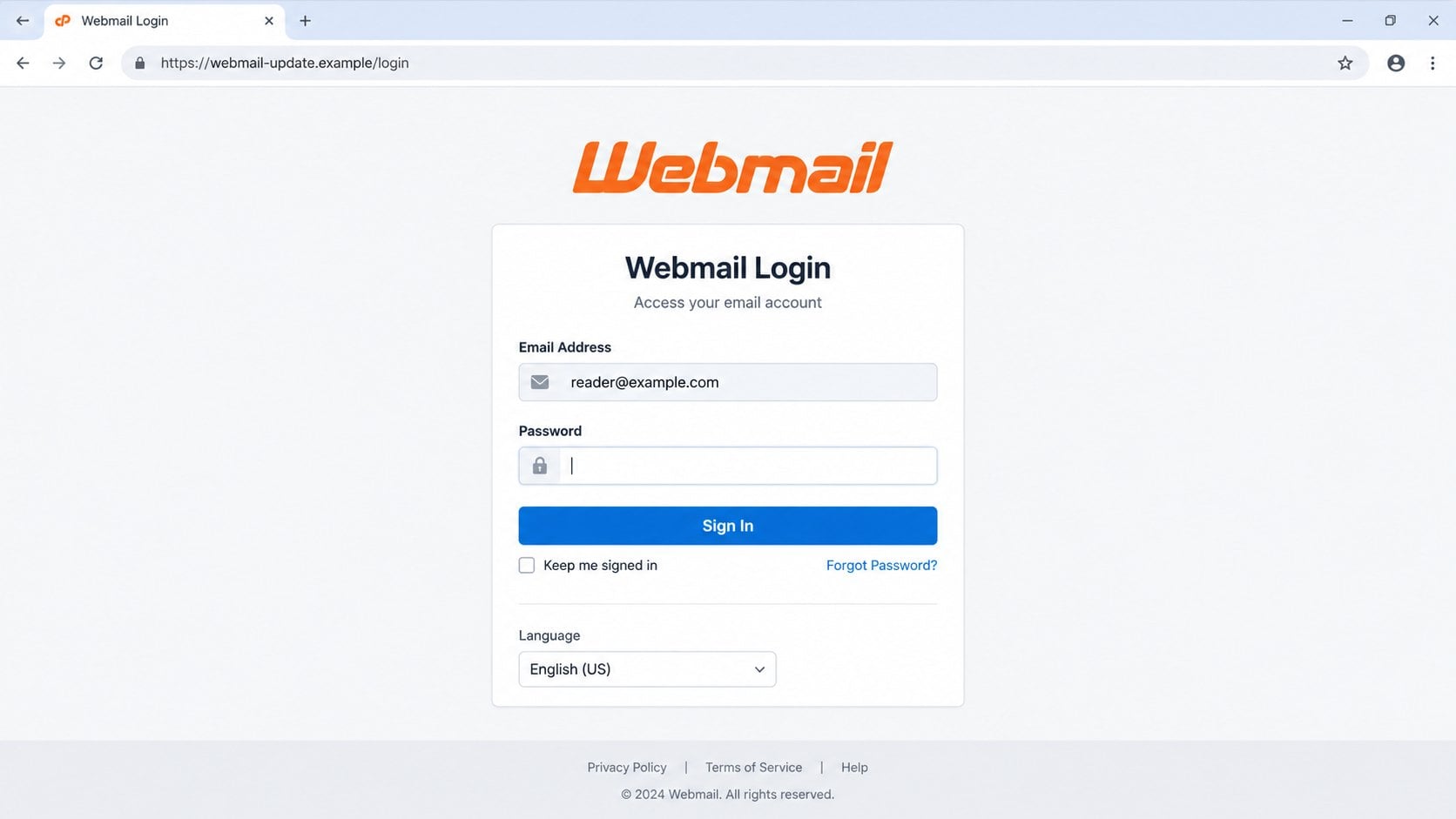 Illustrative cPanel-style webmail login displayed on an unrelated fictional address