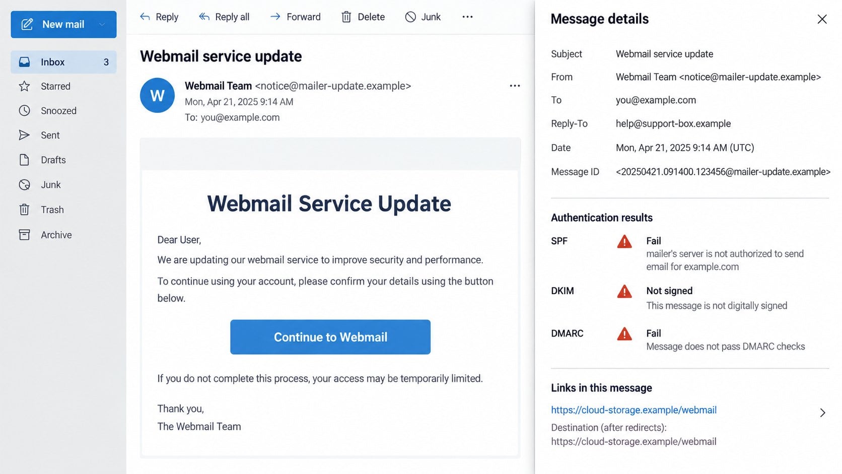 Illustrative expanded email details showing sender mismatches and a fictional cloud-storage link