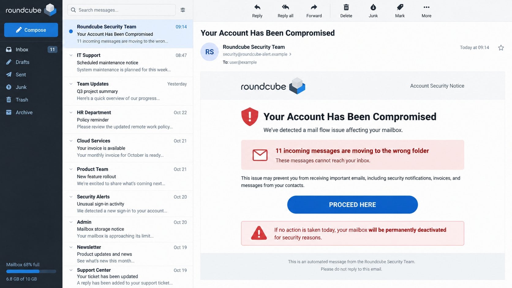 Illustrative Incoming Messages Moving to Wrong Folder phishing email