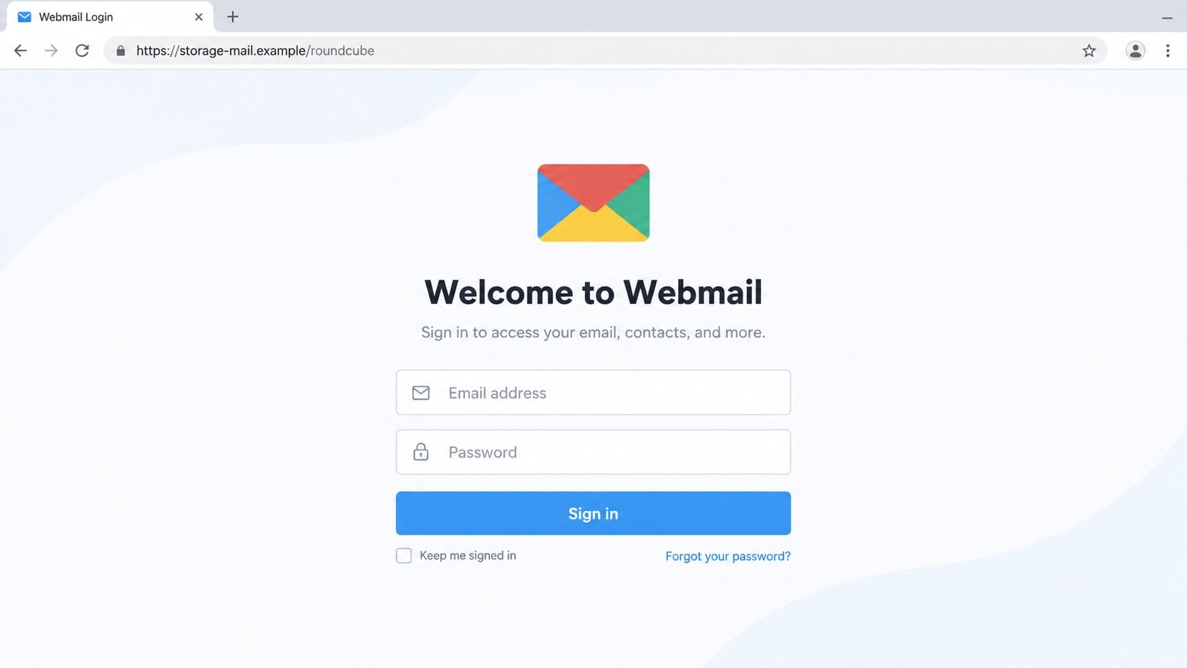Illustrative fake webmail password page on a fictional storage domain