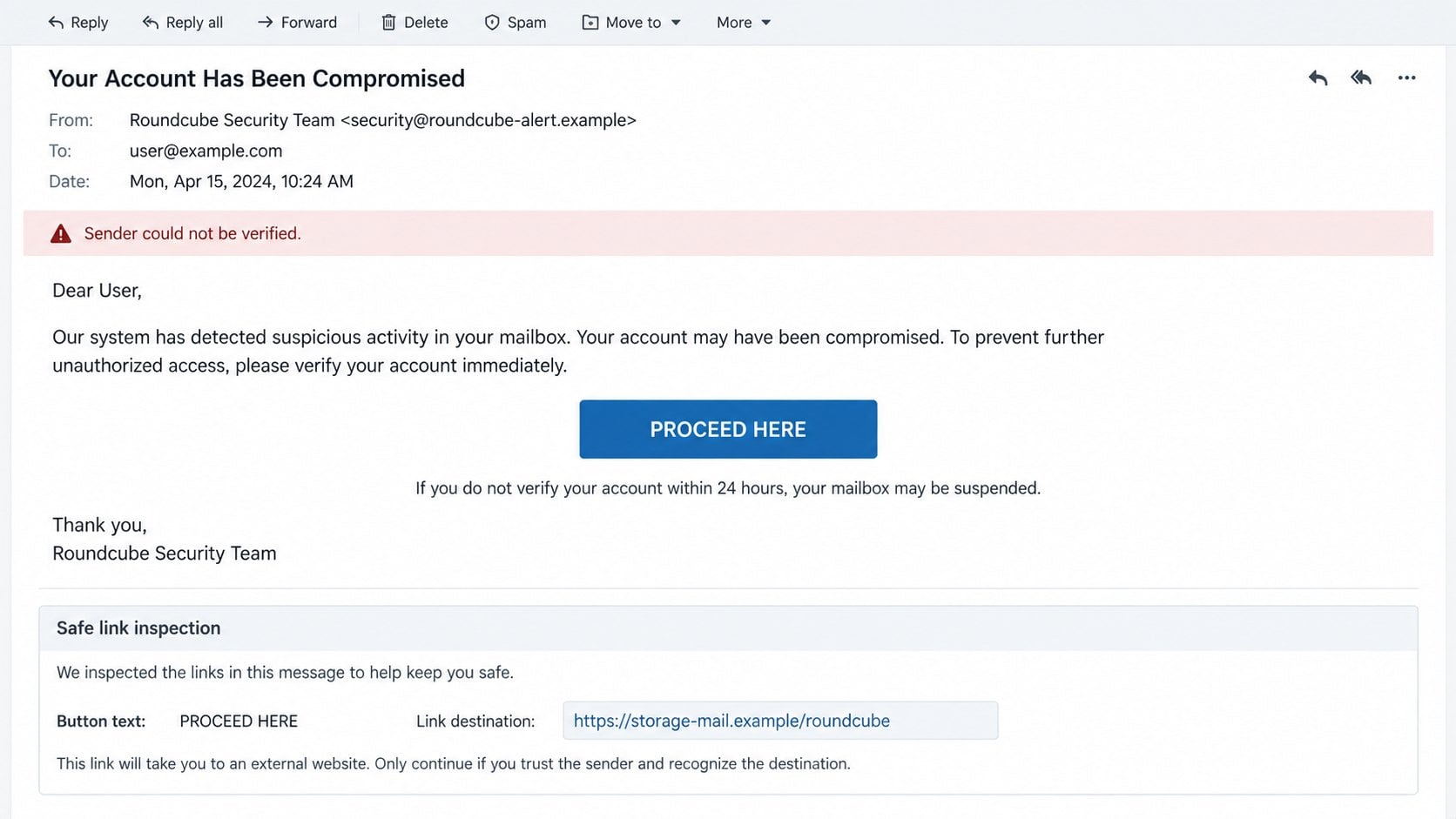 Illustrative expanded phishing email showing an unverified sender and fictional destination