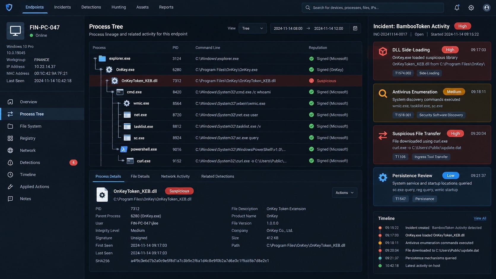 Endpoint investigation showing BambooToken DLL side-loading and remote shell behavior