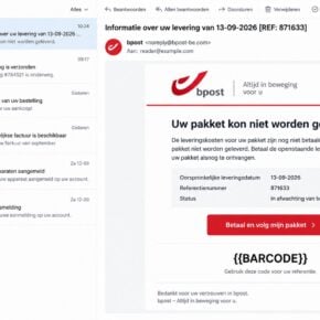 Illustrative bpost delivery fees not paid email with an unfinished barcode field