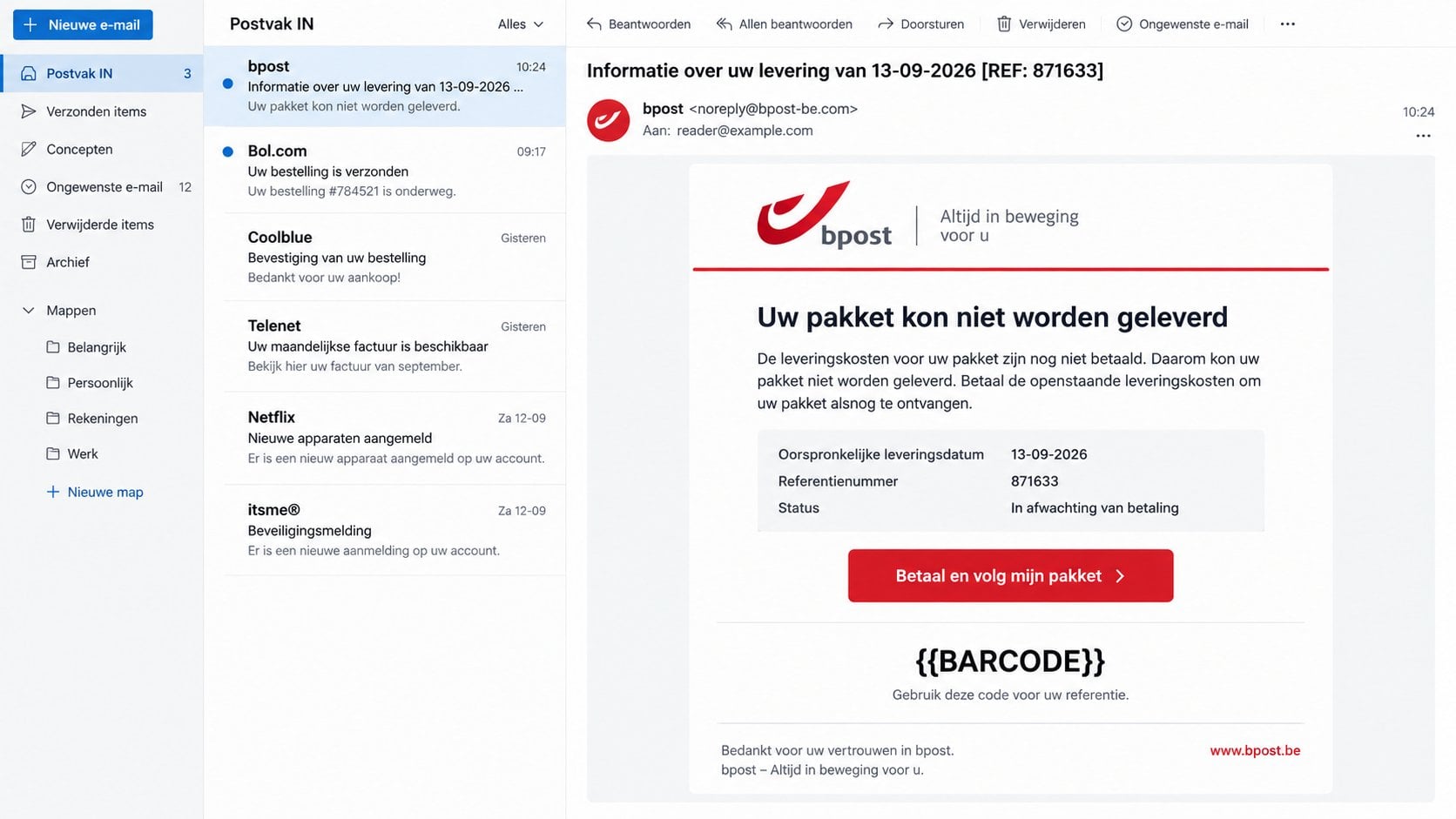 Illustrative bpost delivery fees not paid email with an unfinished barcode field