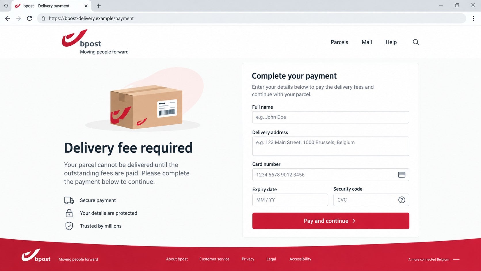 Illustrative possible fake bpost delivery payment page on a fictional domain