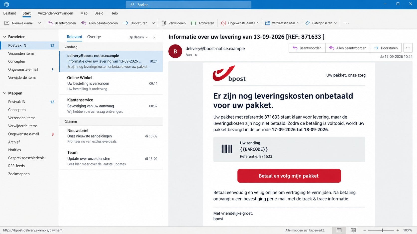 Illustrative bpost email showing the unfinished barcode token and fictional payment link