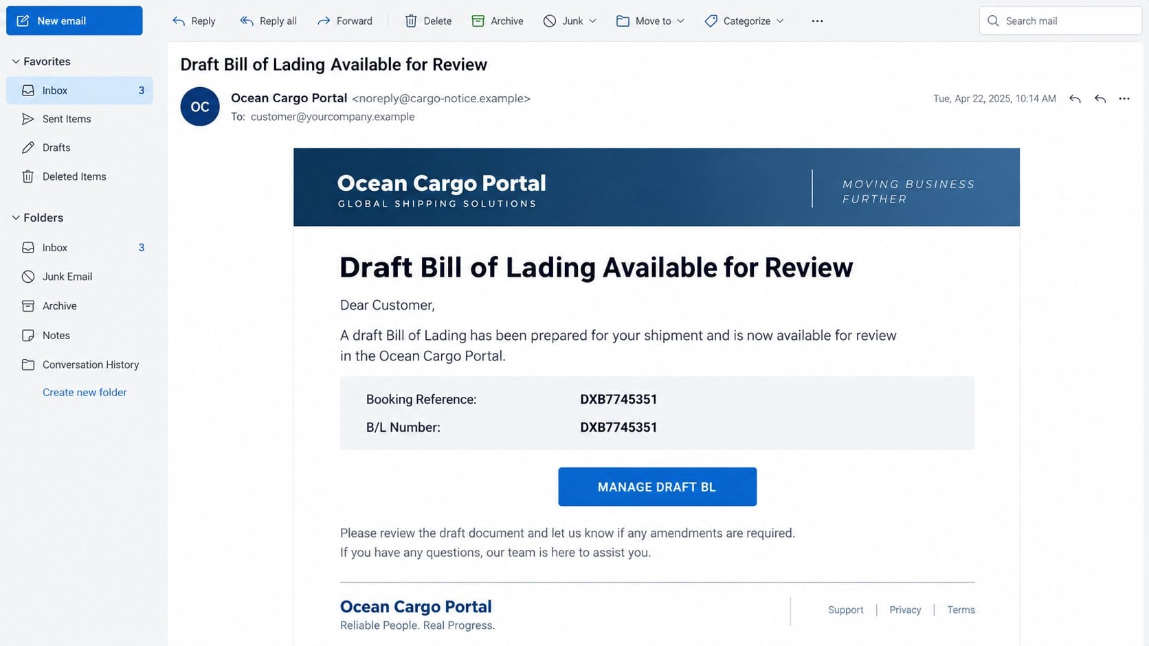 Illustrative fake Bill of Lading review email