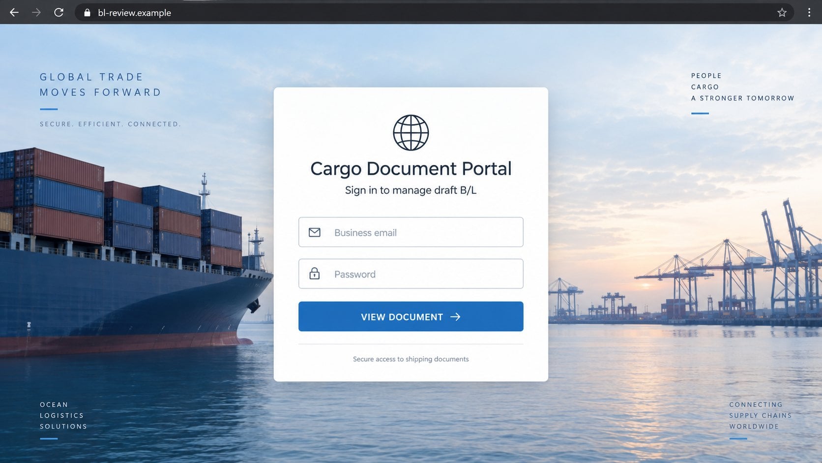 Illustrative fake cargo document portal requesting email credentials