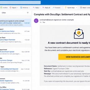 DocuSign contract review phishing email with a business document button