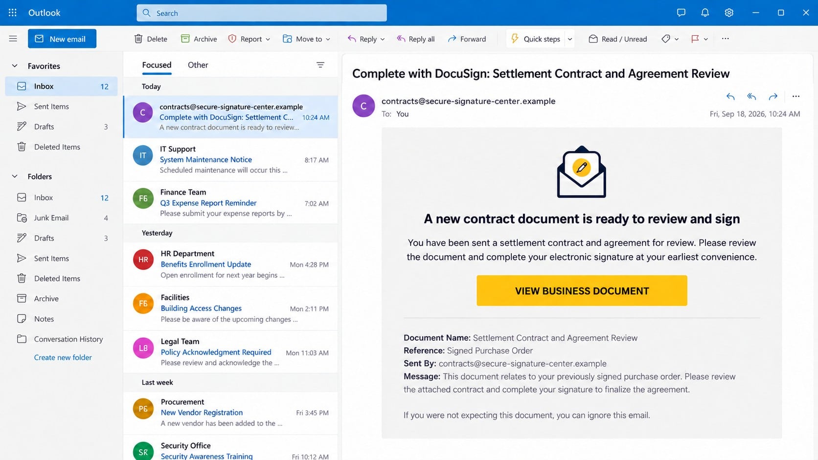 DocuSign contract review phishing email with a business document button