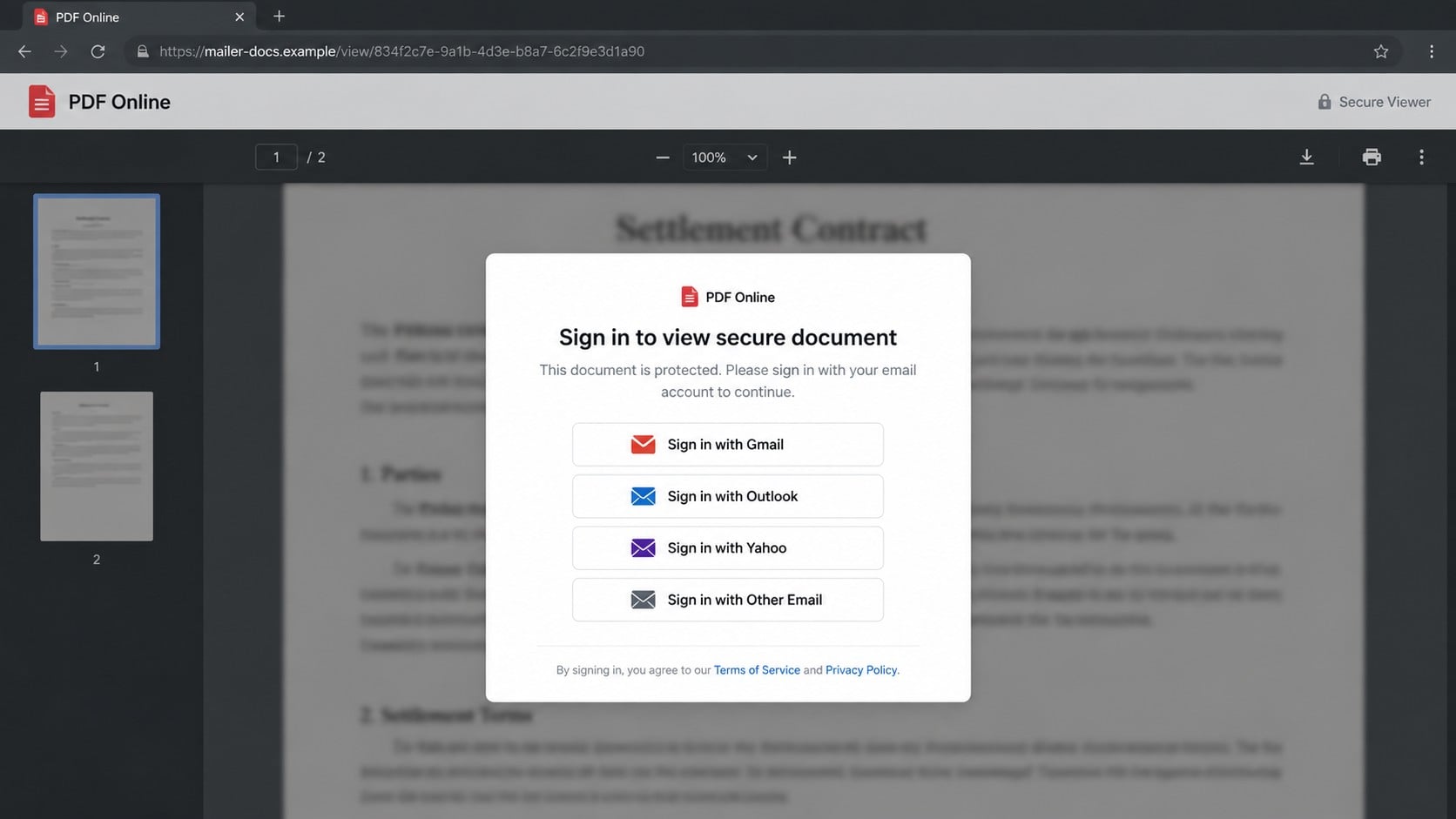 Fake PDF Online contract viewer offering multiple email sign-in options