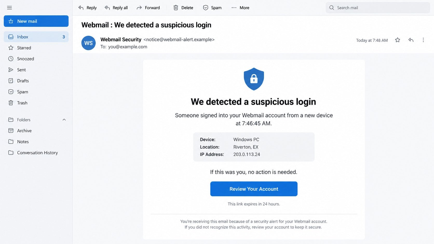Illustrative Webmail suspicious login from a new device email