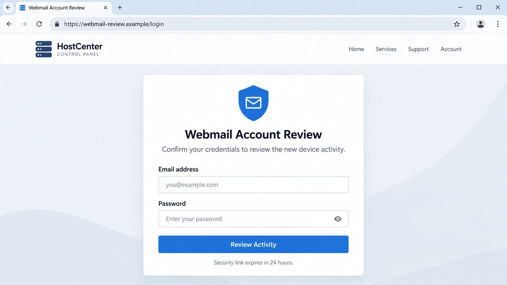 Illustrative counterfeit Webmail Account Review login page on a fictional domain