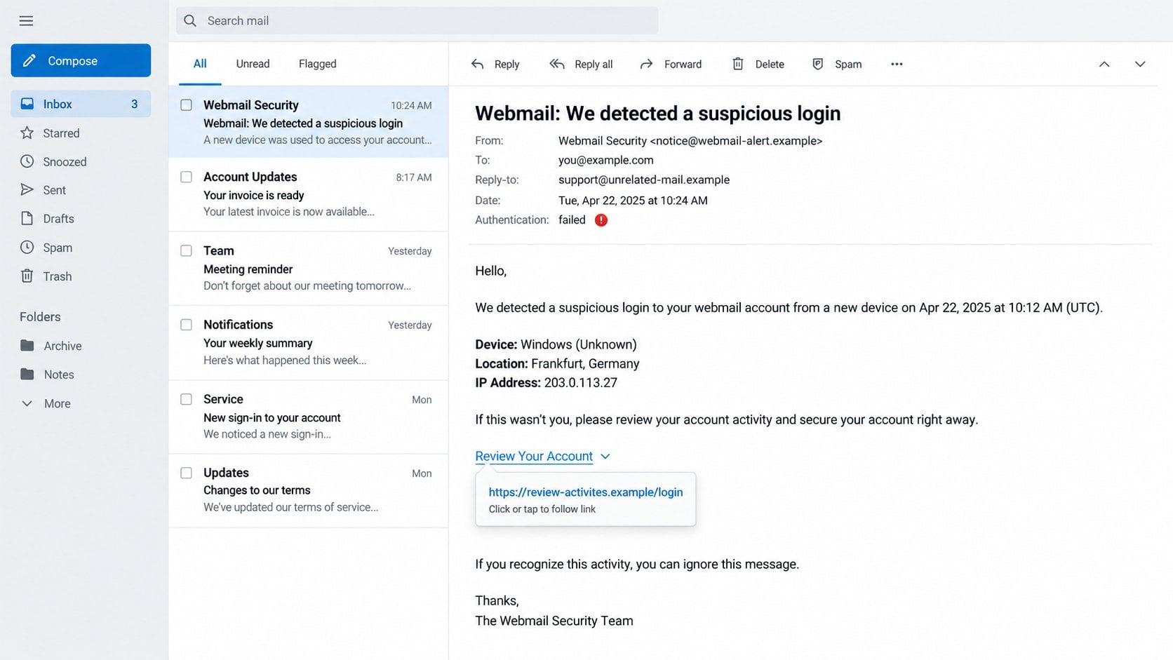 Illustrative expanded webmail alert revealing failed authentication and a misspelled fictional link