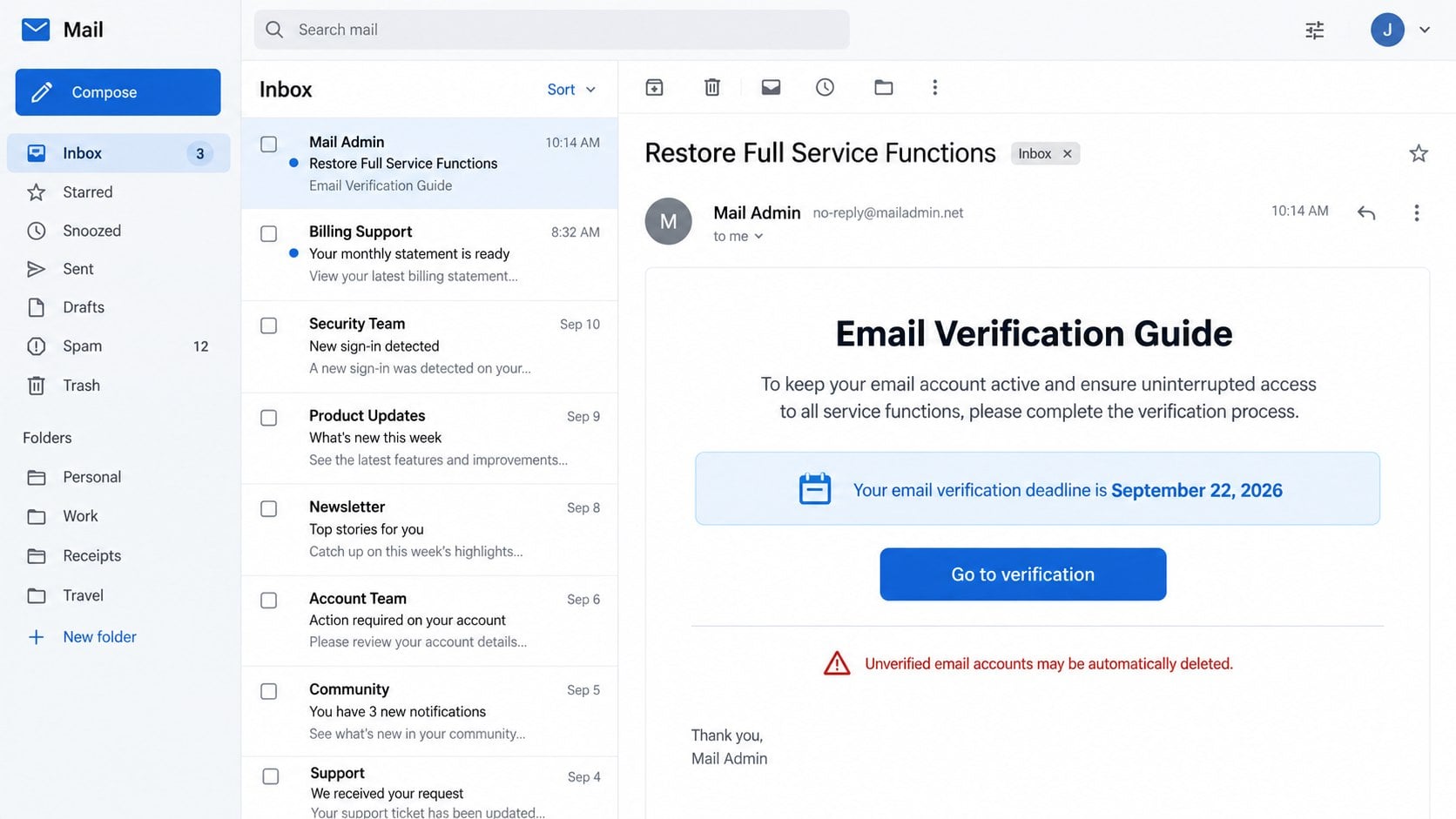 Email Verification Deadline phishing message from a fake Mail Admin service