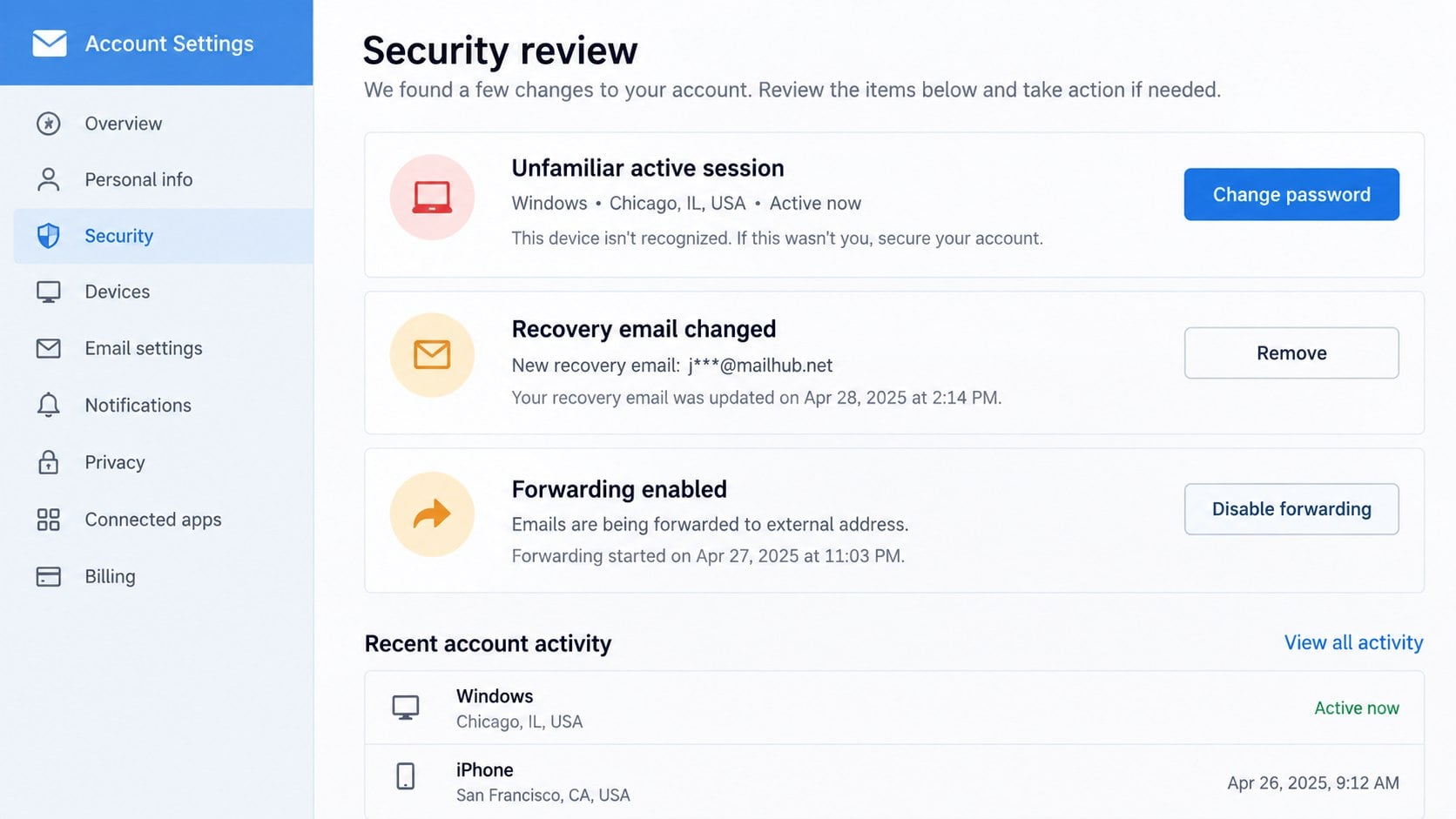 Email account security review showing changed recovery and forwarding settings