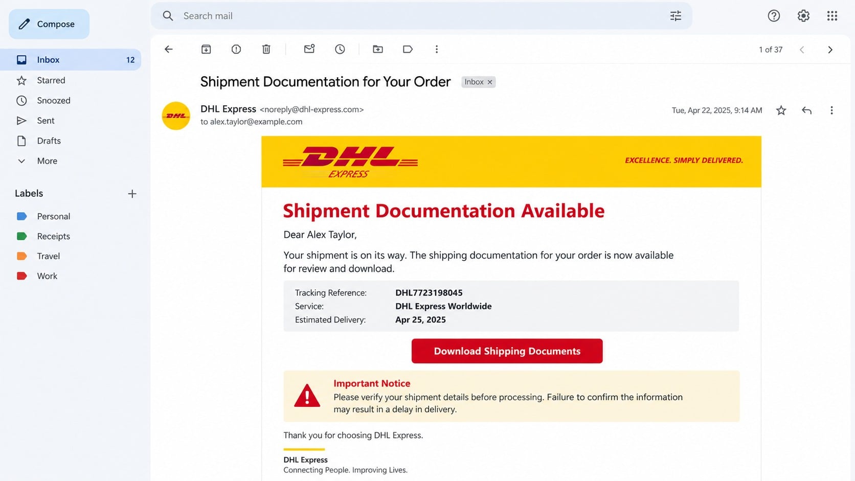 DHL Express shipment documentation phishing email with a download button