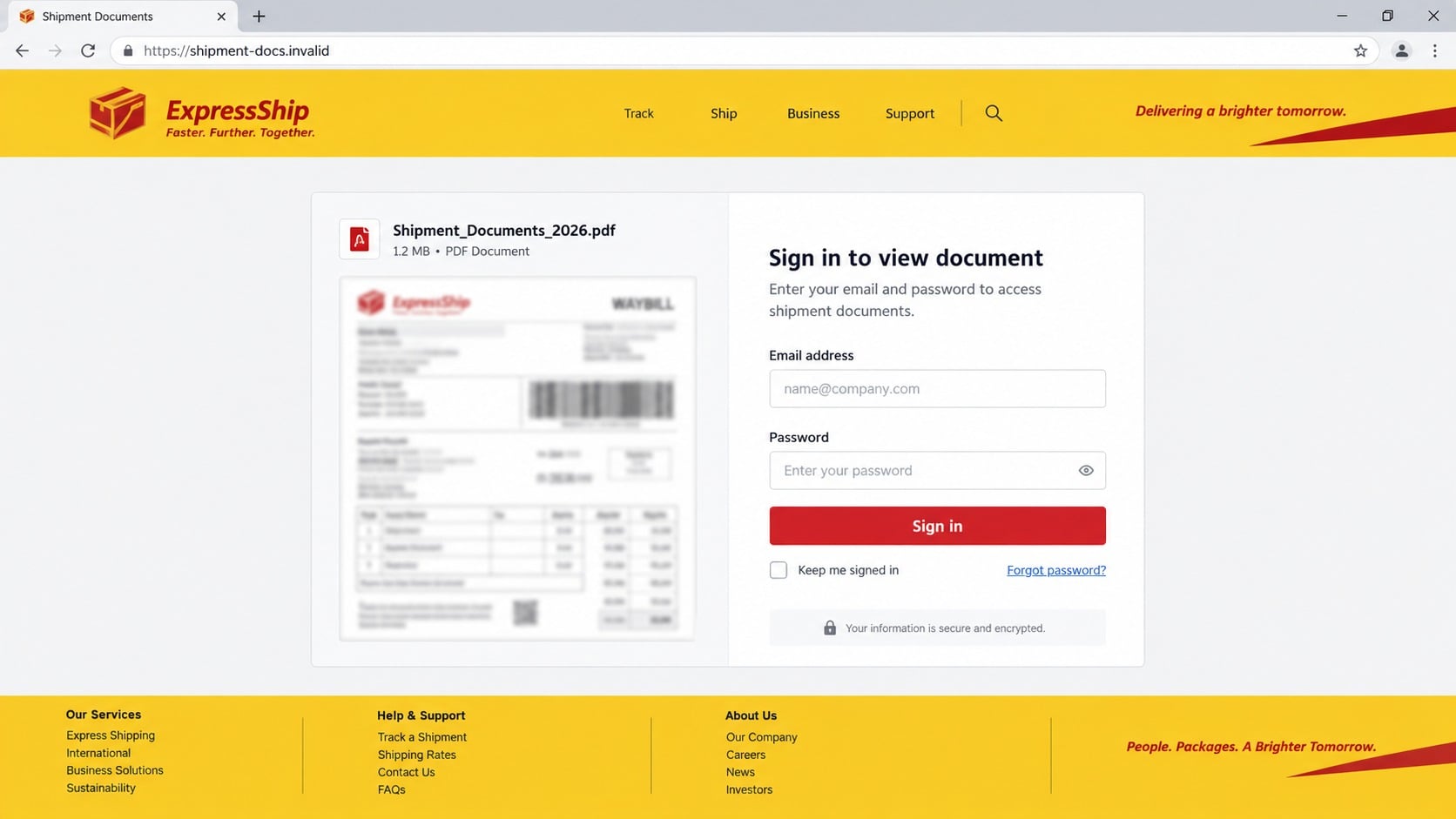Fake express shipment document portal requesting email credentials
