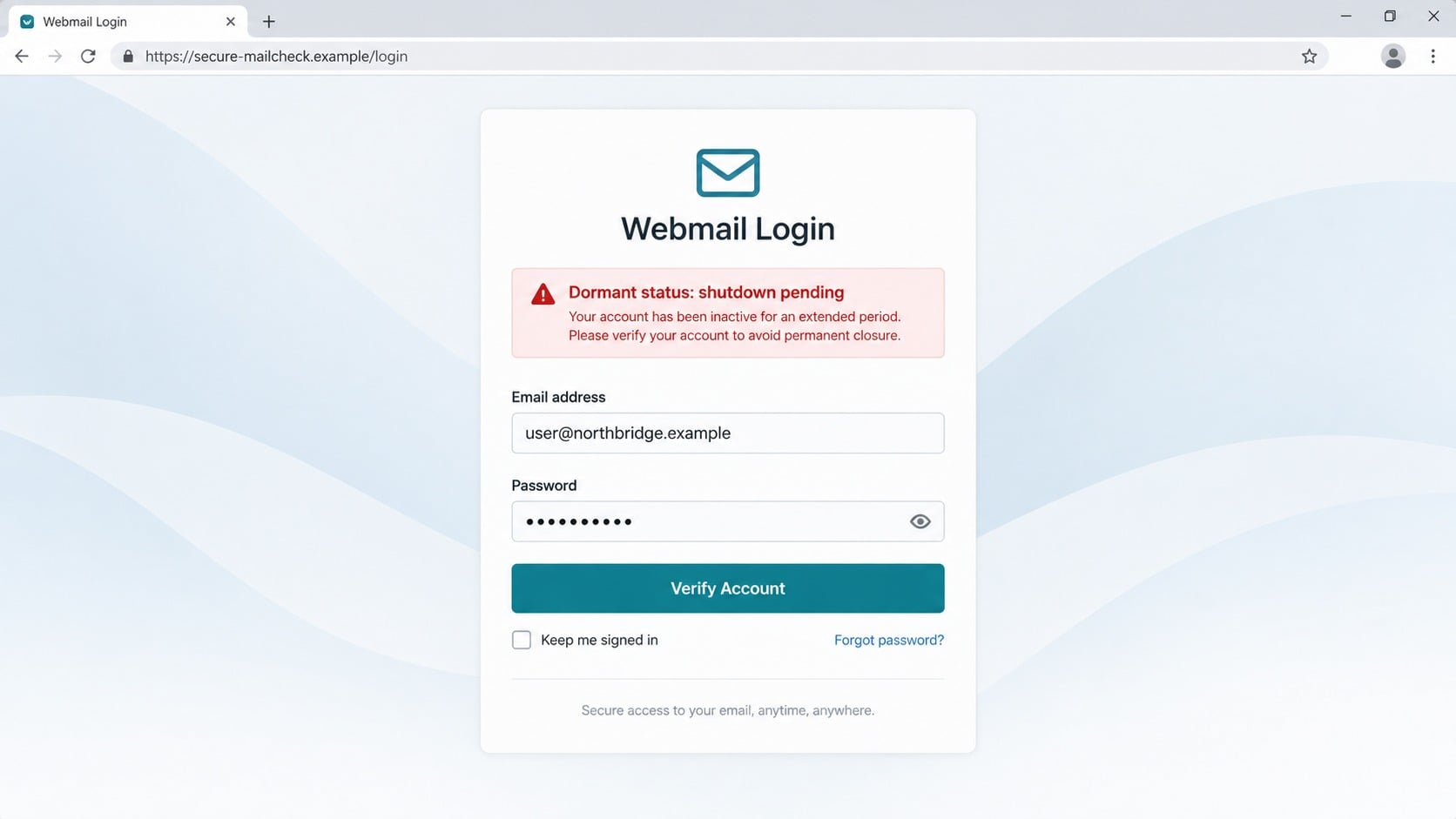 Counterfeit webmail login page claiming an email account is dormant