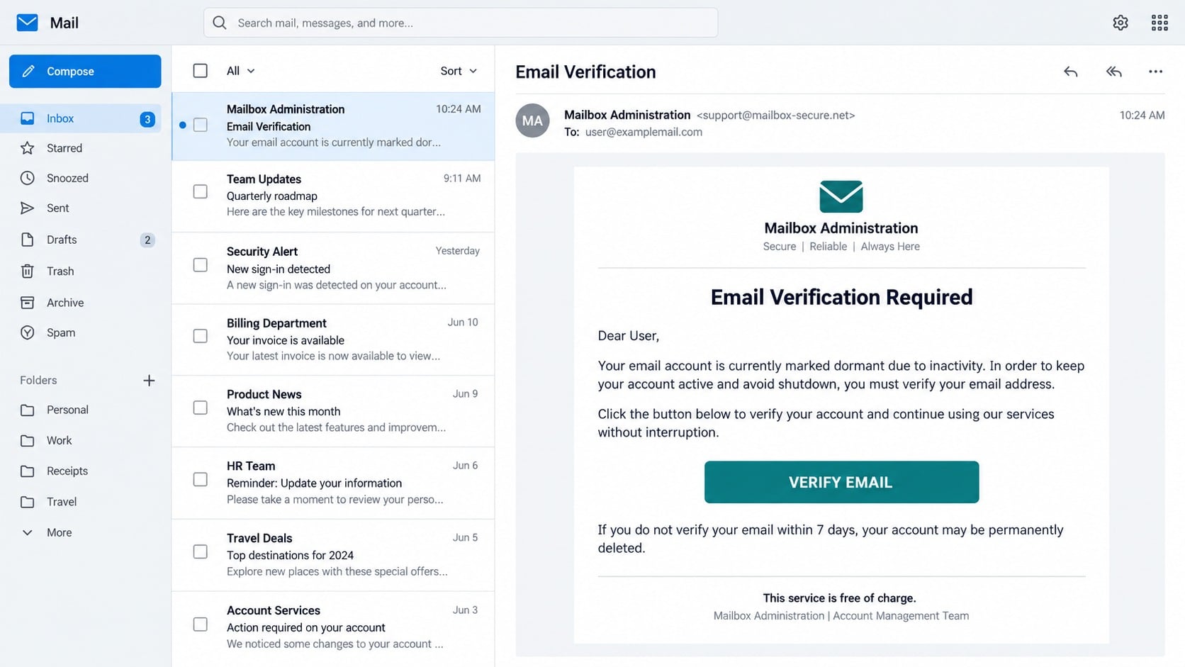 Dormant email account phishing notice with a Verify Email button