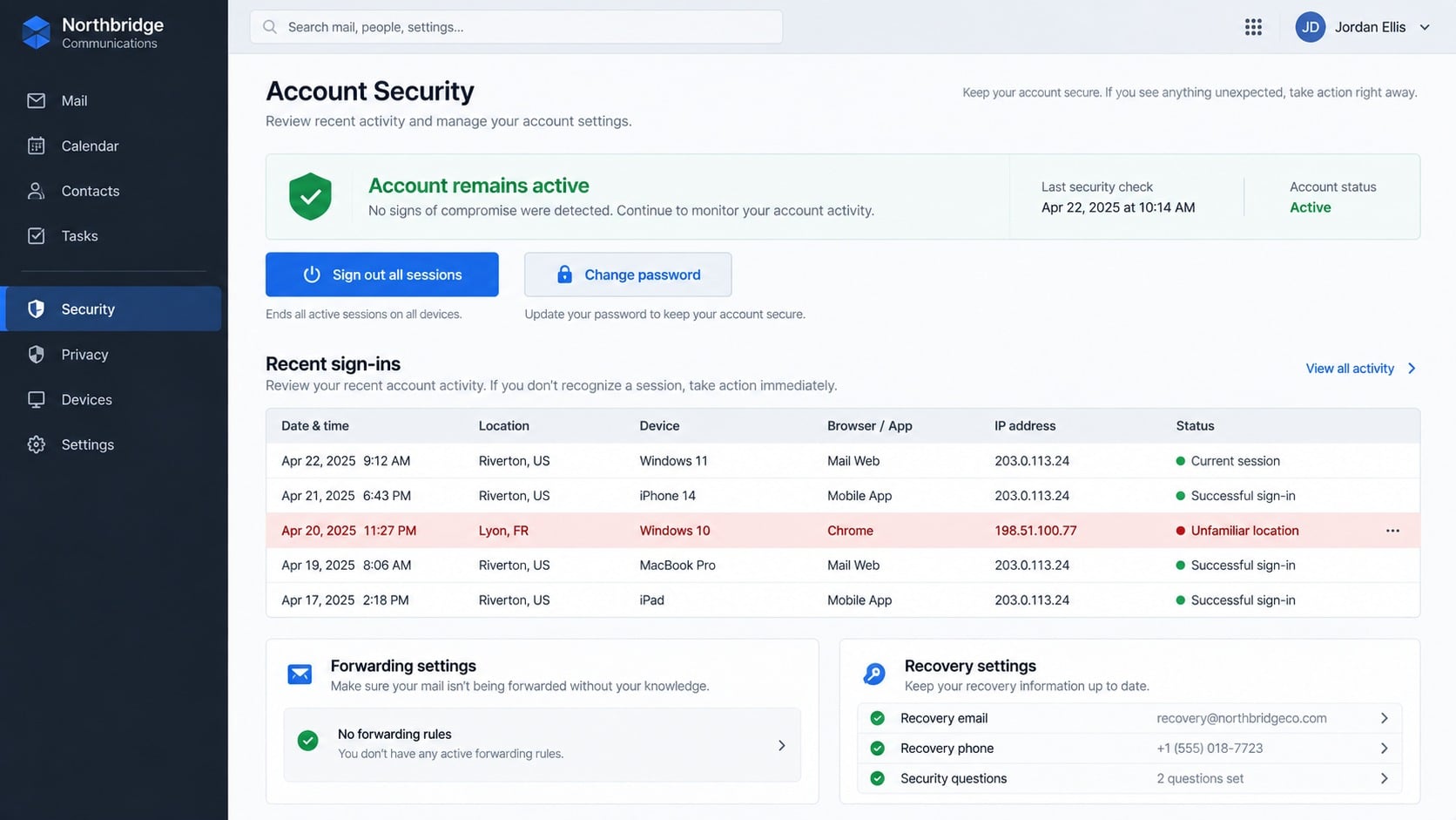 Email security activity showing an unknown sign-in and forwarding rule