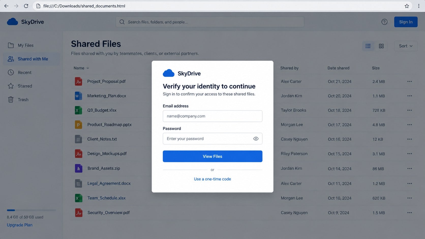 Malicious HTML attachment displaying a counterfeit cloud workspace login form