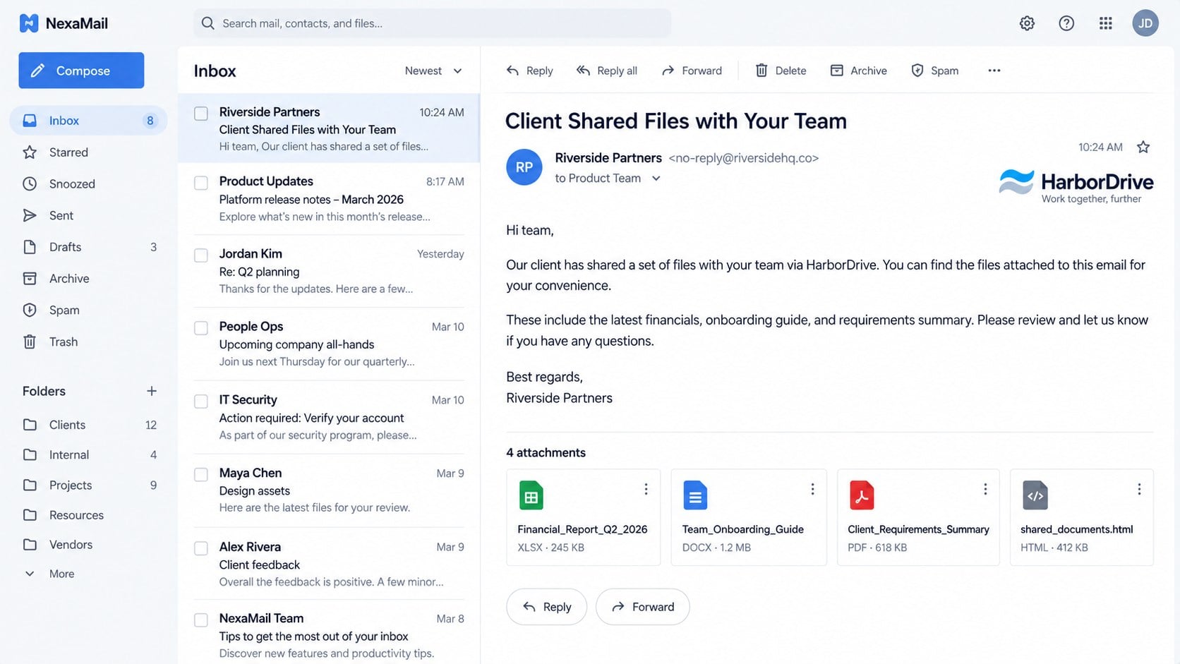 Fake shared-files email containing an HTML attachment disguised as business documents